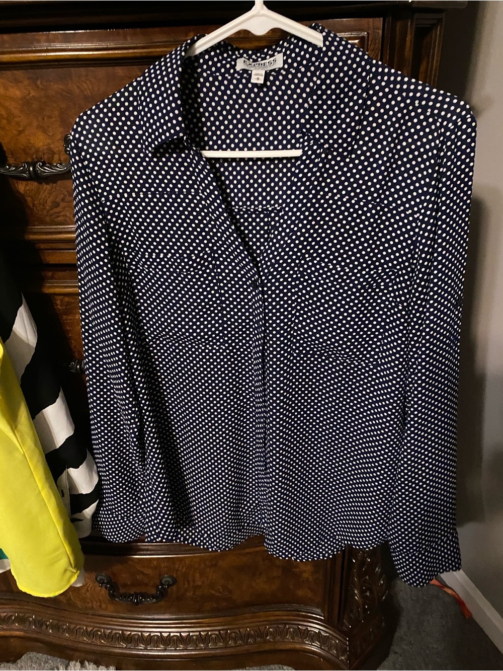 Express navy and white polka dot portofino blouse